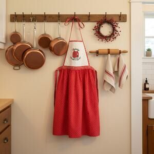 Vintage Christmas Apron-Hand Embroidered-Holiday-Cottage-Farmhouse-Kitchen-Retro